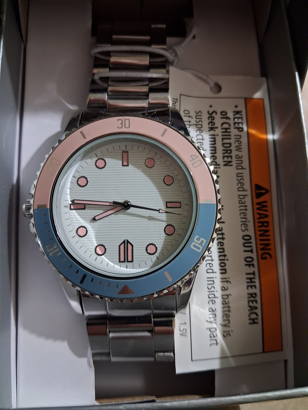 Time and Tru Silver-Tone Watch with Pink and Light Blue Bezel
